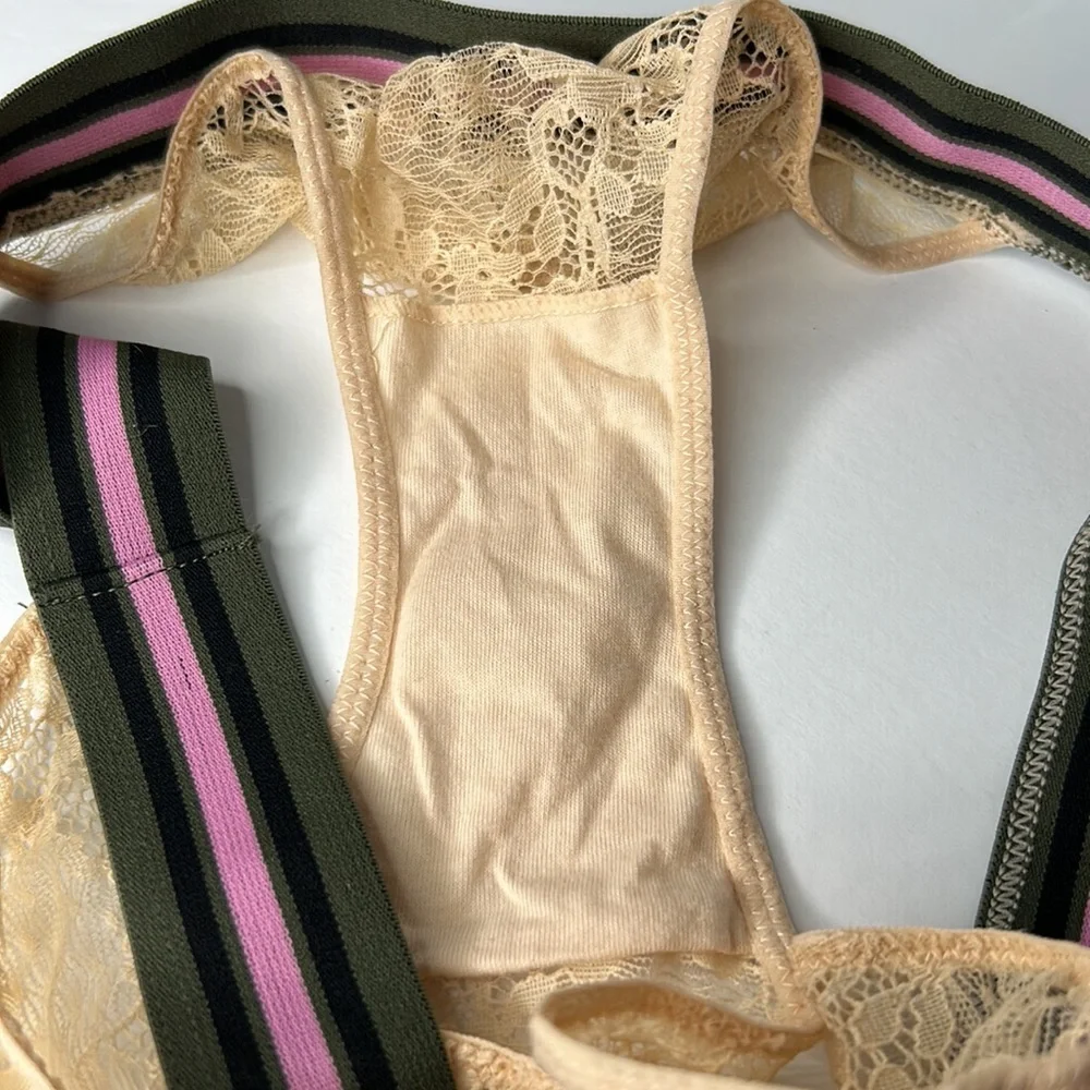 Forever 21 Beige Lace With Sporty Stripe Elastic Waistband‎ Panties Sz L NWT